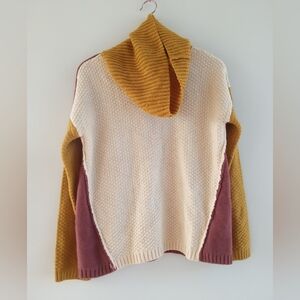 Hem & Thread Colorblock Cowl Neck Sweater - Mustard Cream Burgundy Size S